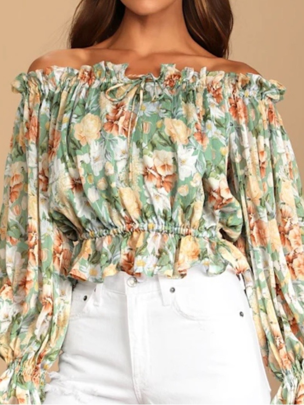 Tropical Heat Sage Green Floral Print Off-the-Shoulder Top Size XL